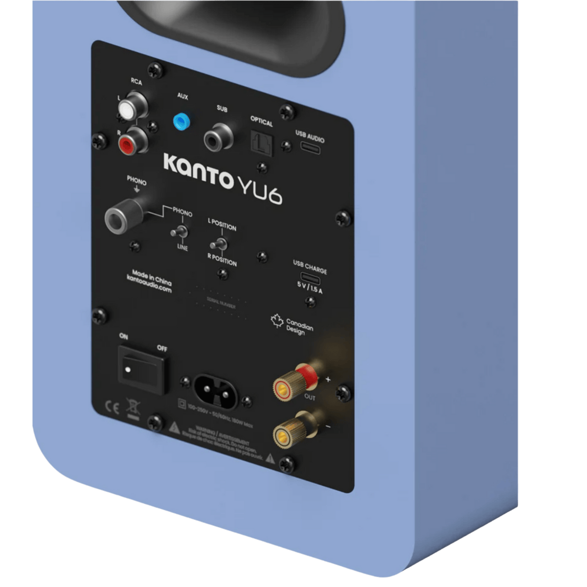 Kanto Audio YU6 2nd Generation 200W Active Speakers in Ice Blue, back of powered speaker