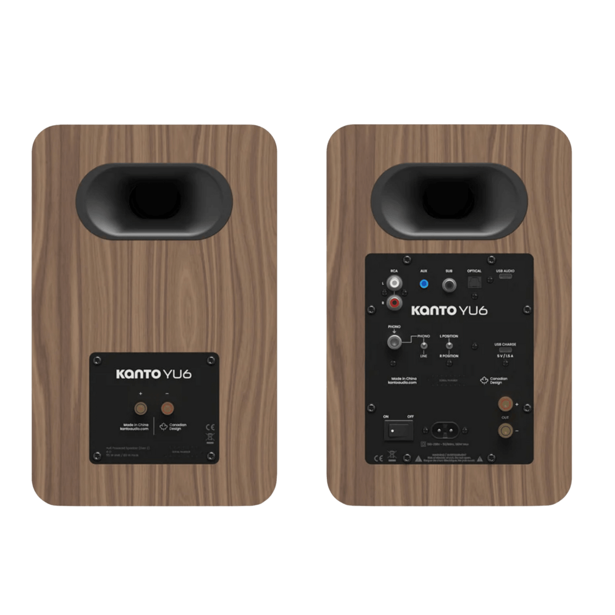Kanto Audio YU6 2nd Generation 200W Active Speakers in Walnut, back of speakers