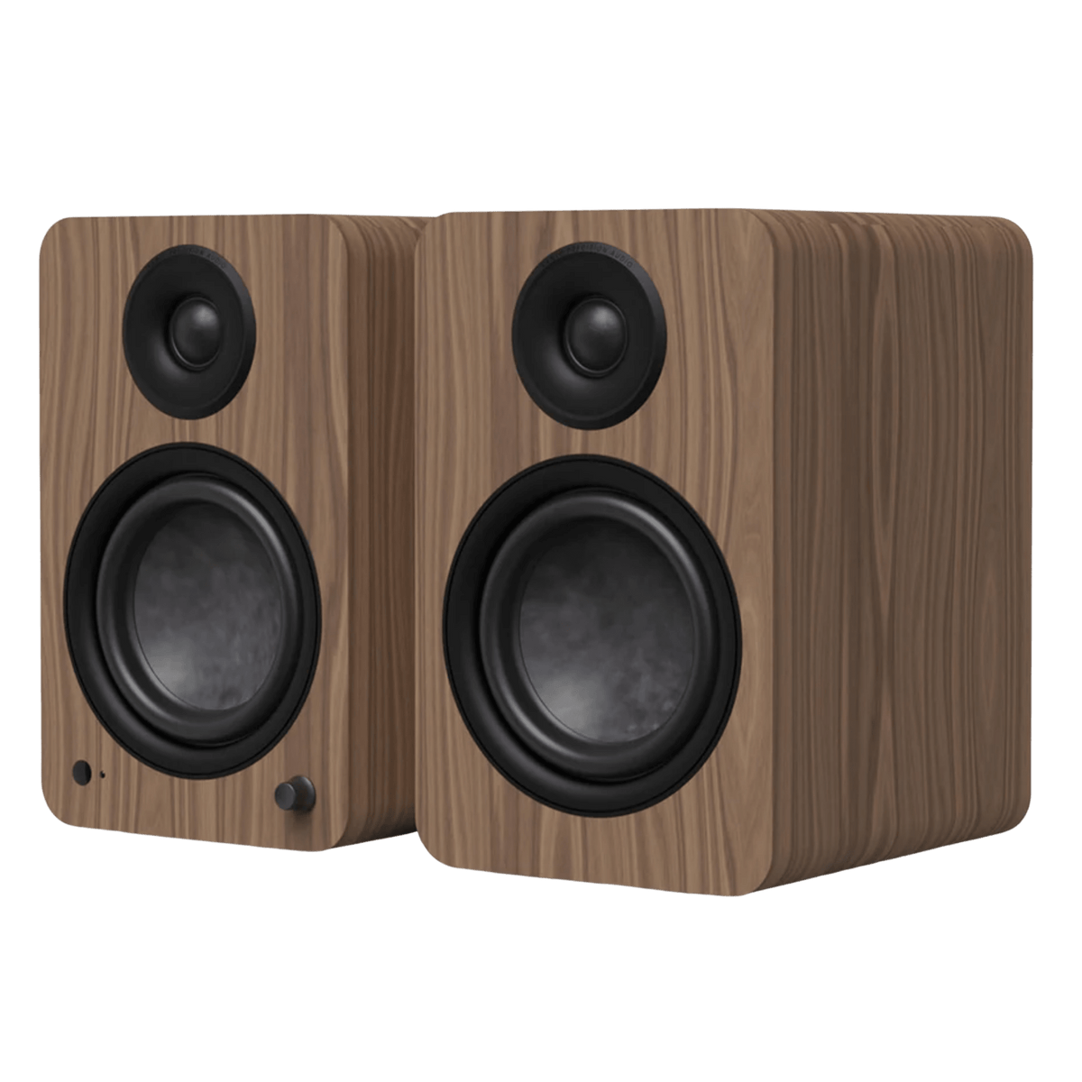 Kanto Audio YU6 2nd Generation 200W Active Speakers in Walnut, angled view