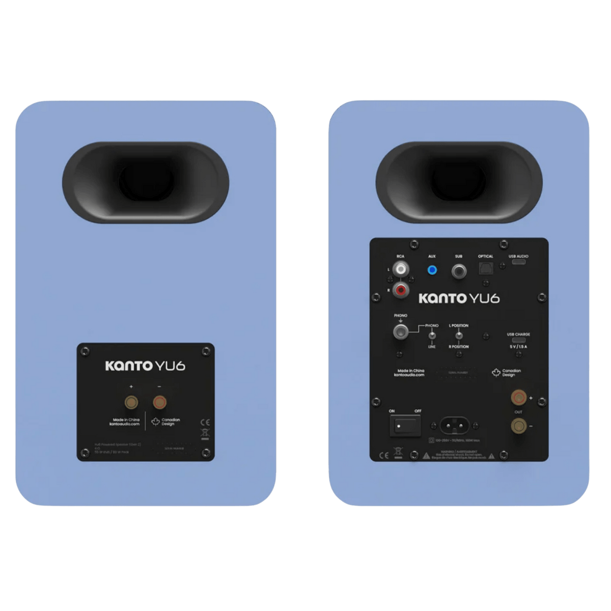 Kanto Audio YU6 2nd Generation 200W Active Speakers in Ice Blue, back of both speakers