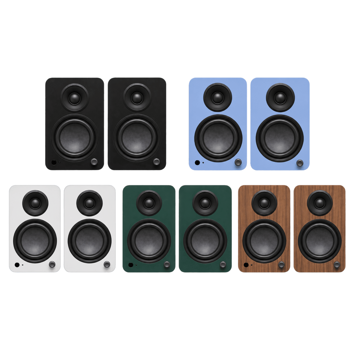 Kanto Audio YU6 2nd Generation 200W Active Speakers range of matte finishes, from left to right: Black, Ice Blue, White, Green and Walnut