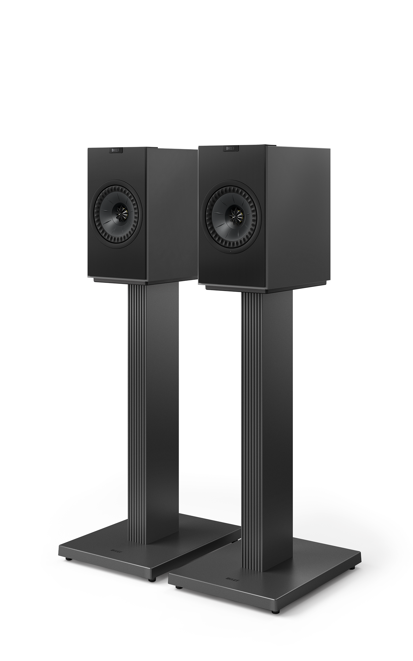 KEF Coda W Active Speakers in Dark Titanium shown on SQ1 stands (sold Seperately)