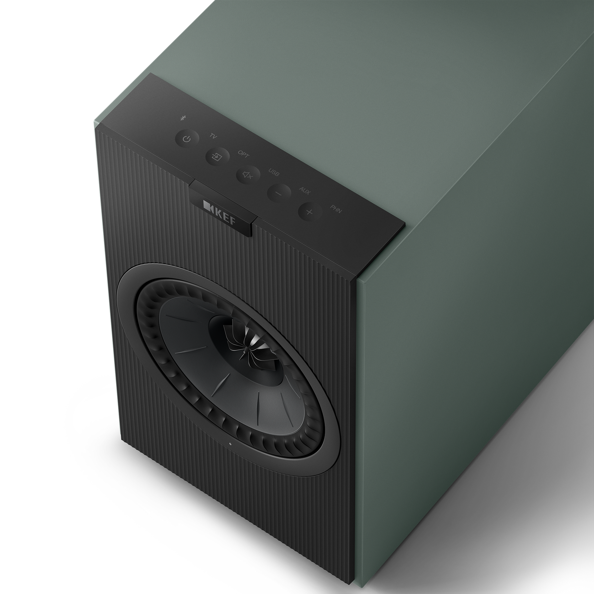 KEF Coda W Active Speakers in Moss Green. Top of speaker showing Controls