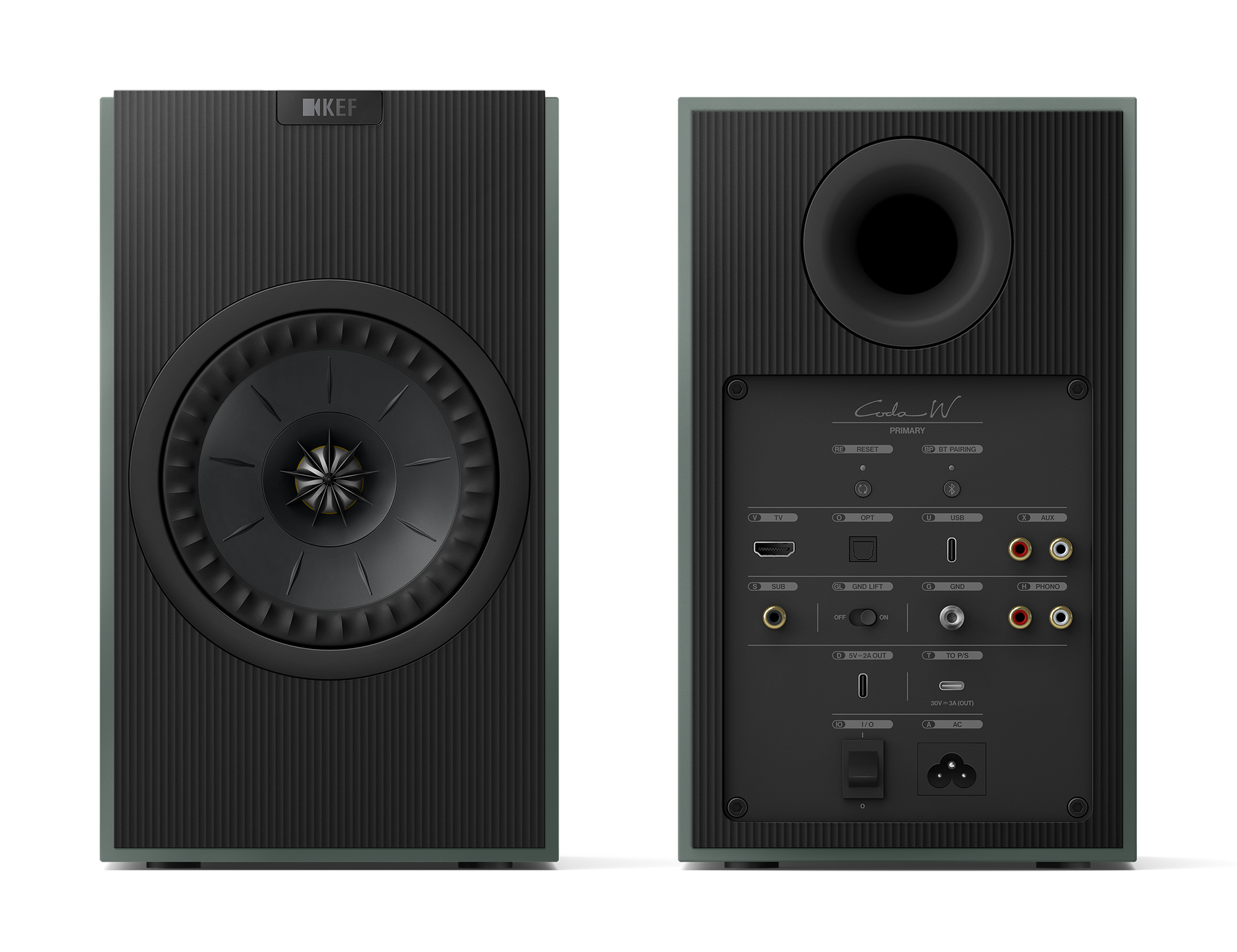 KEF Coda W Active Speakers in Moss Green, front and back of speakers