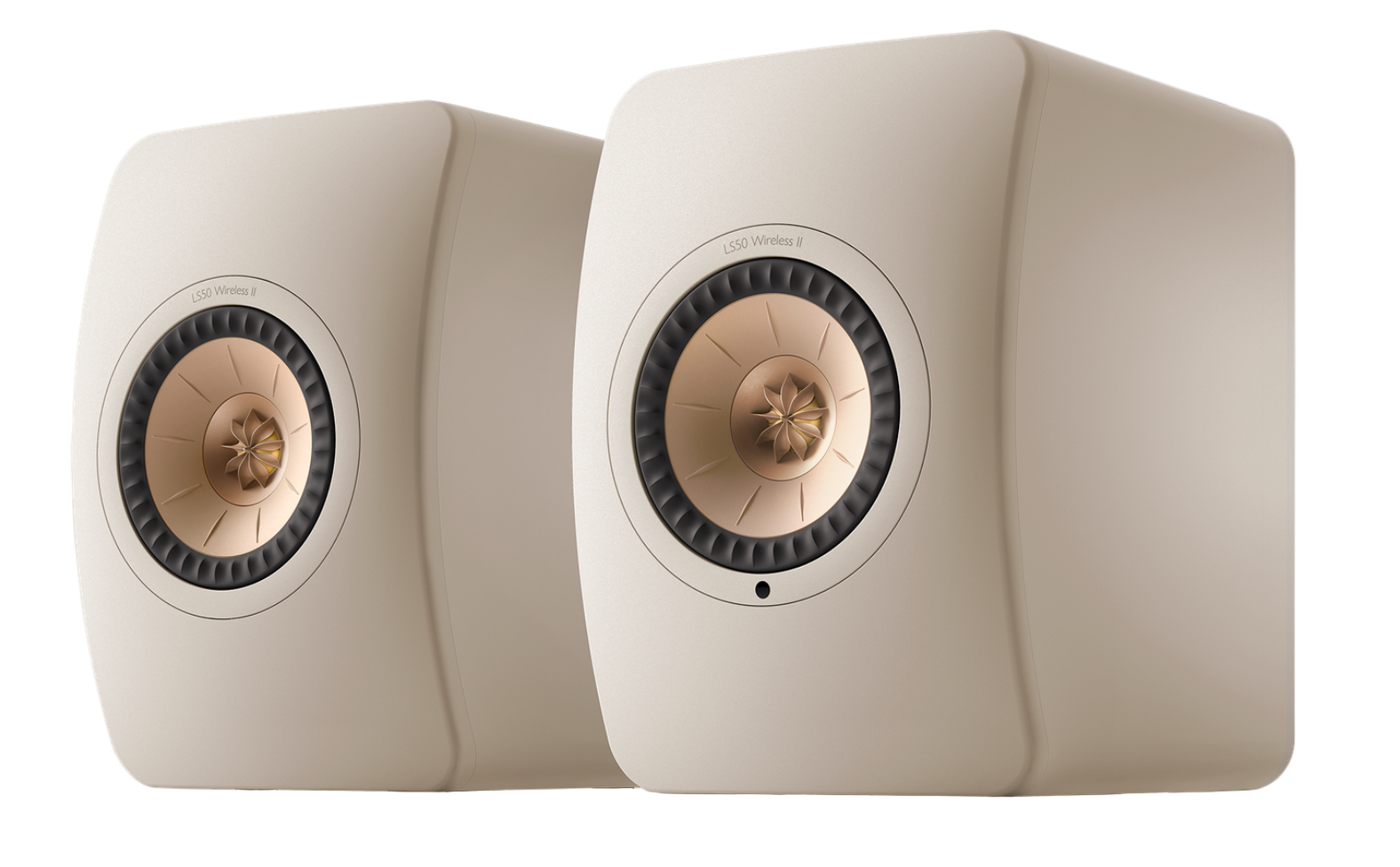 KEF LS50 Wireless II Speakers in Sand Shell pair, front
