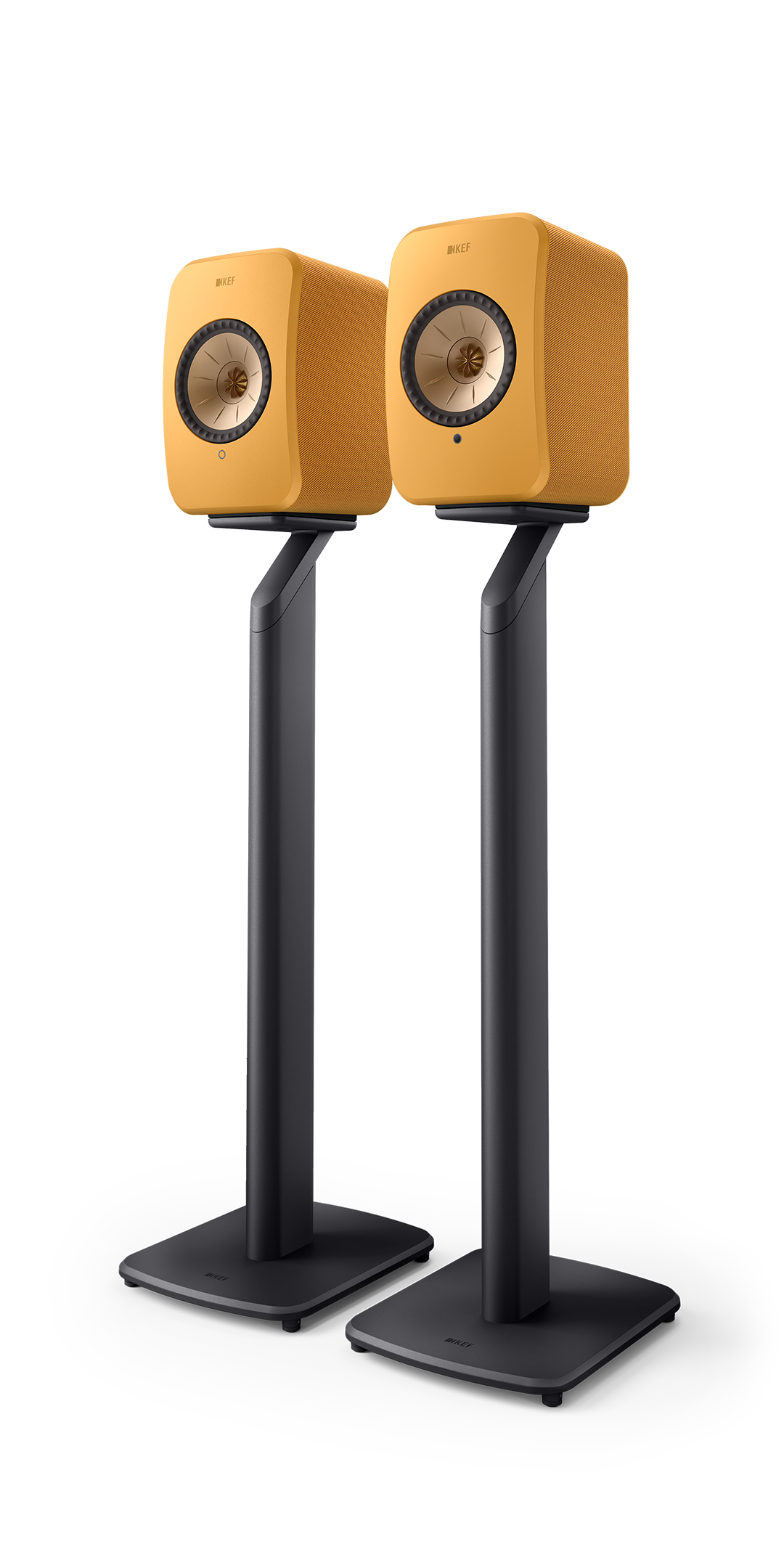 KEF LSX II Wireless Powered Bookshelf Speakers in Amber Haze. On stands, sold separately