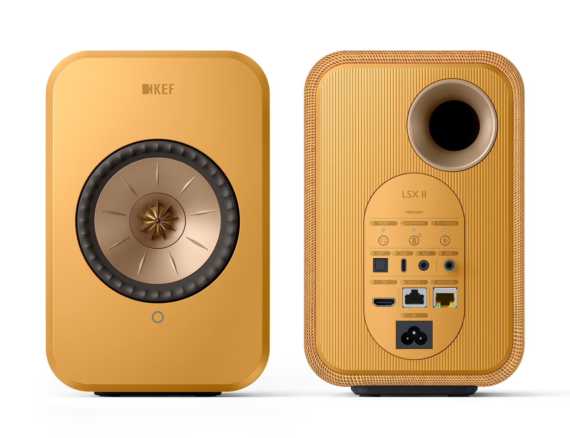 KEF LSX II Wireless Powered Bookshelf Speakers in Amber Haze. Front and back 