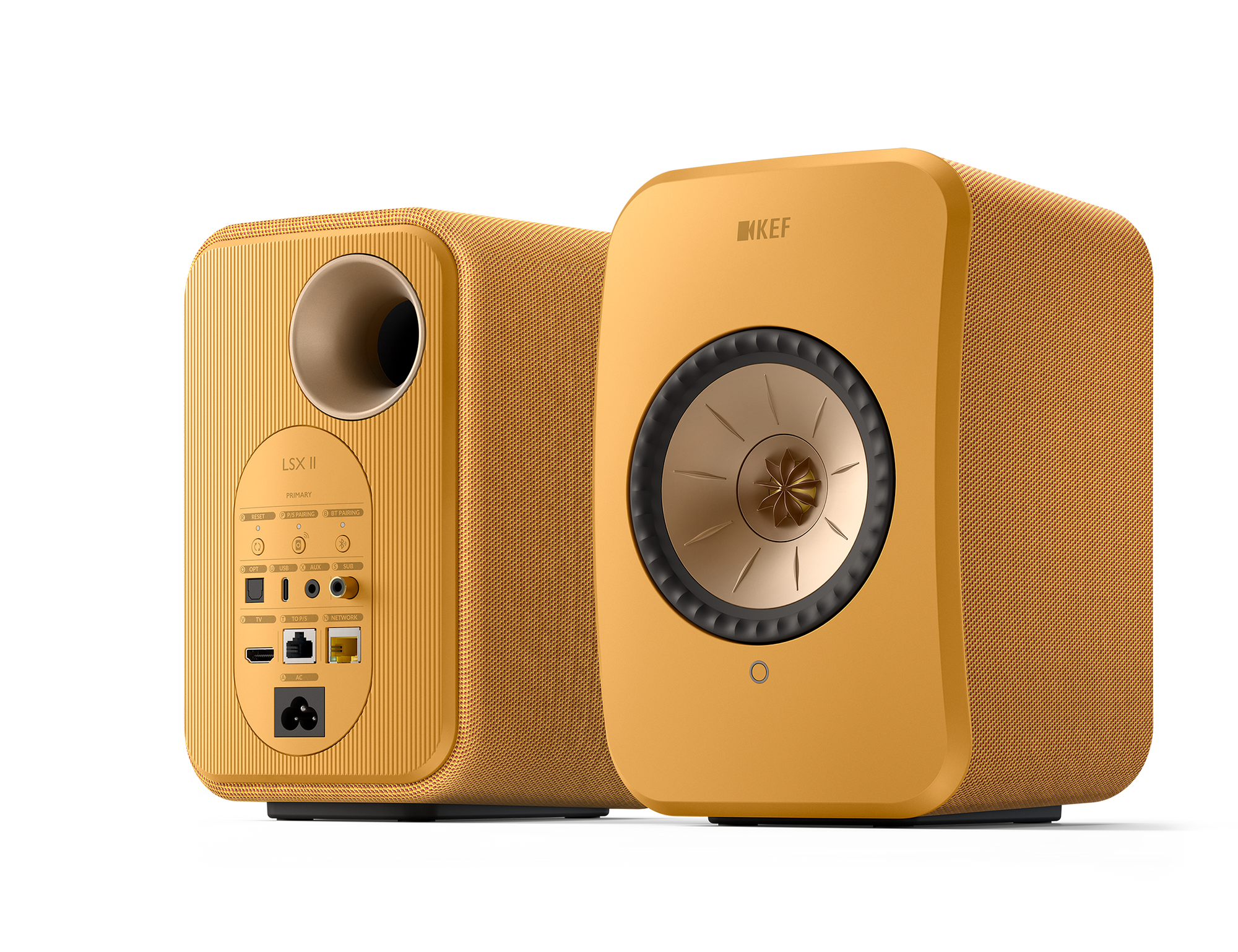 KEF LSX II Wireless Powered Bookshelf Speakers in Amber Haze. Back and Front, angled 
