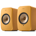 KEF LSX II Wireless Powered Bookshelf Speakers in Amber Haze. Front, angled 