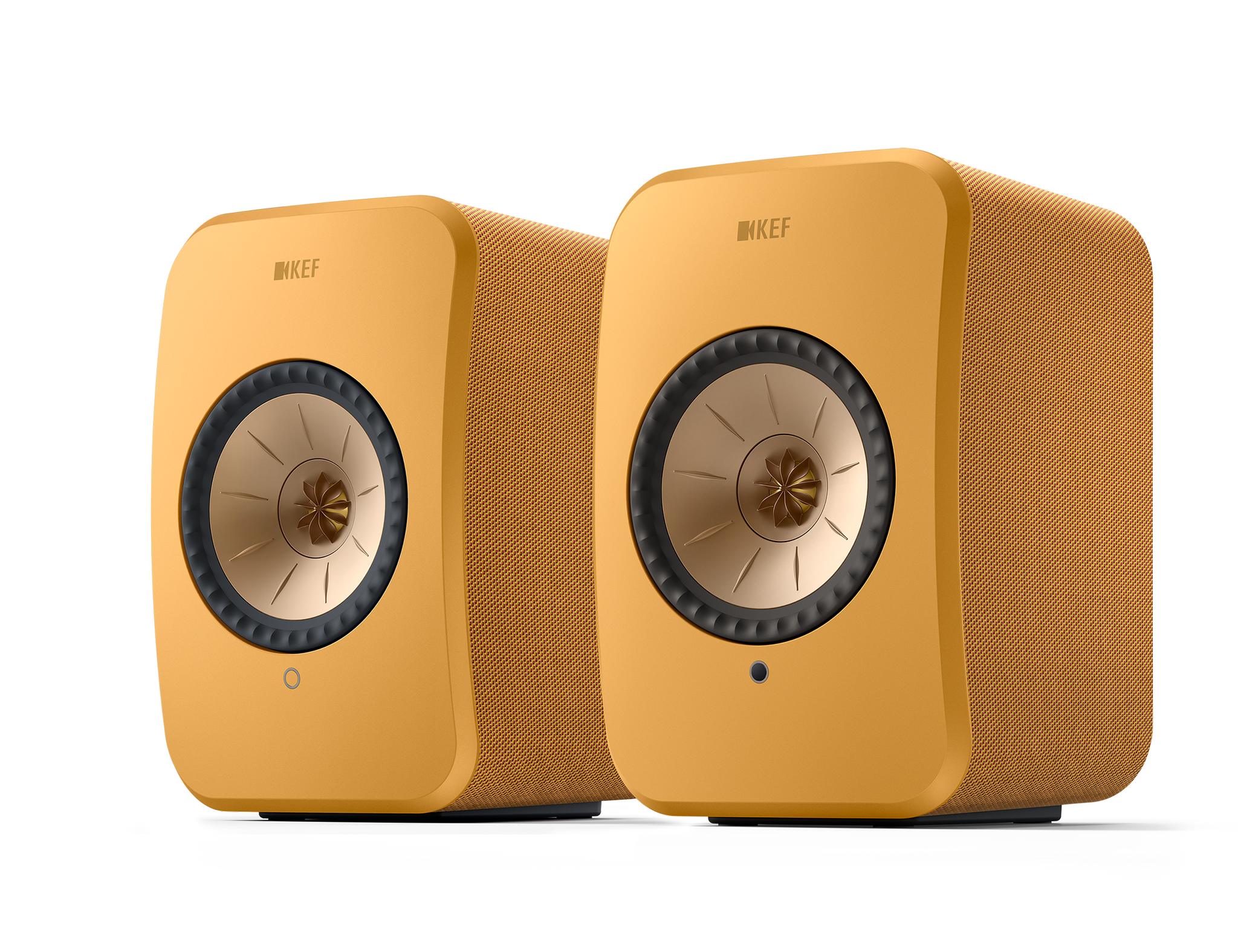 KEF LSX II Wireless Powered Bookshelf Speakers in Amber Haze. Front, angled 