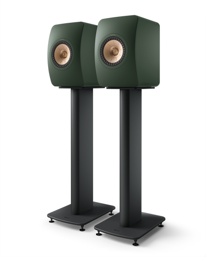 KEF LS50 Meta Passive Speakers in Moss Green, pair mounted on stands, sold separately 