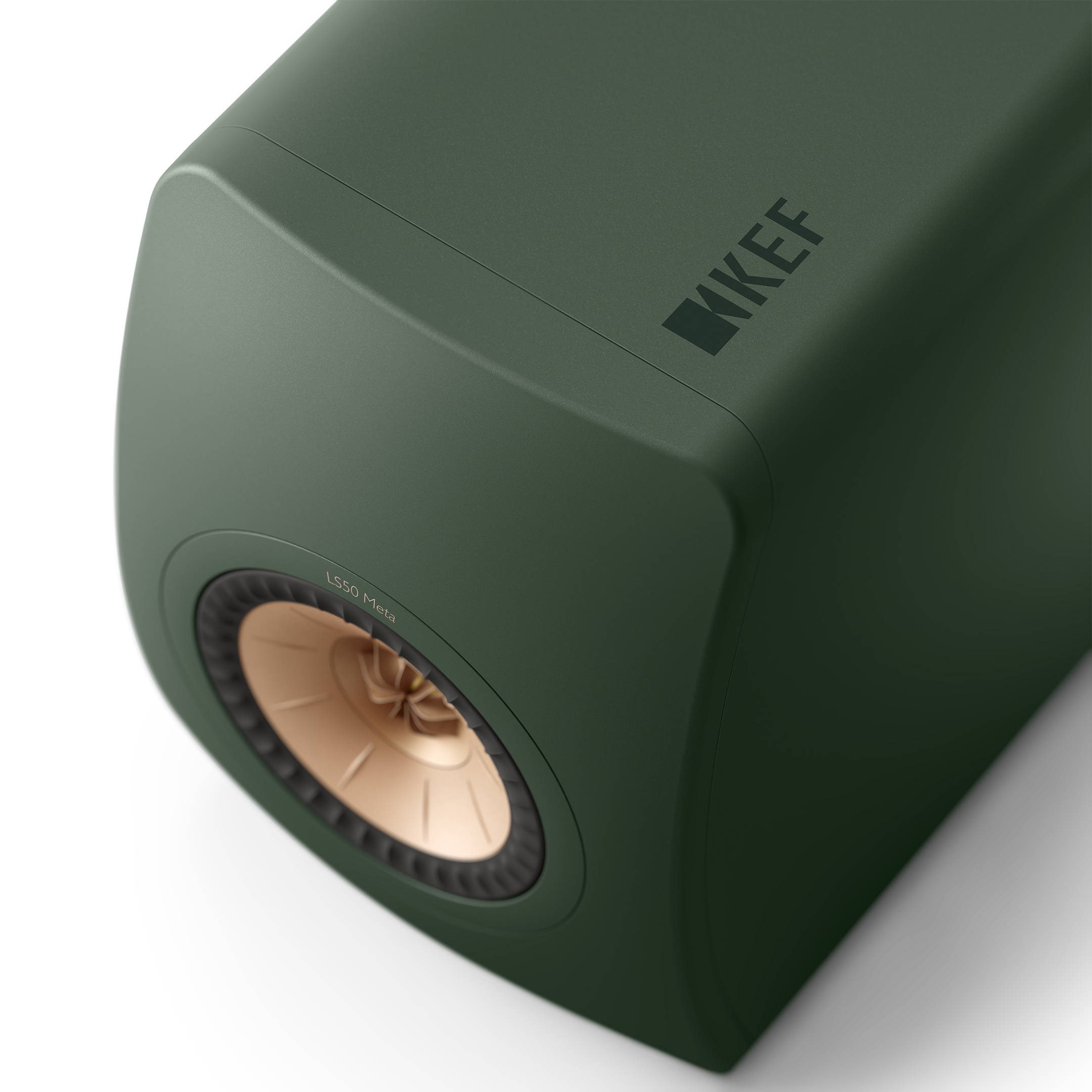 KEF LS50 Meta Passive Speakers in Moss Green, individual speaker, closeup