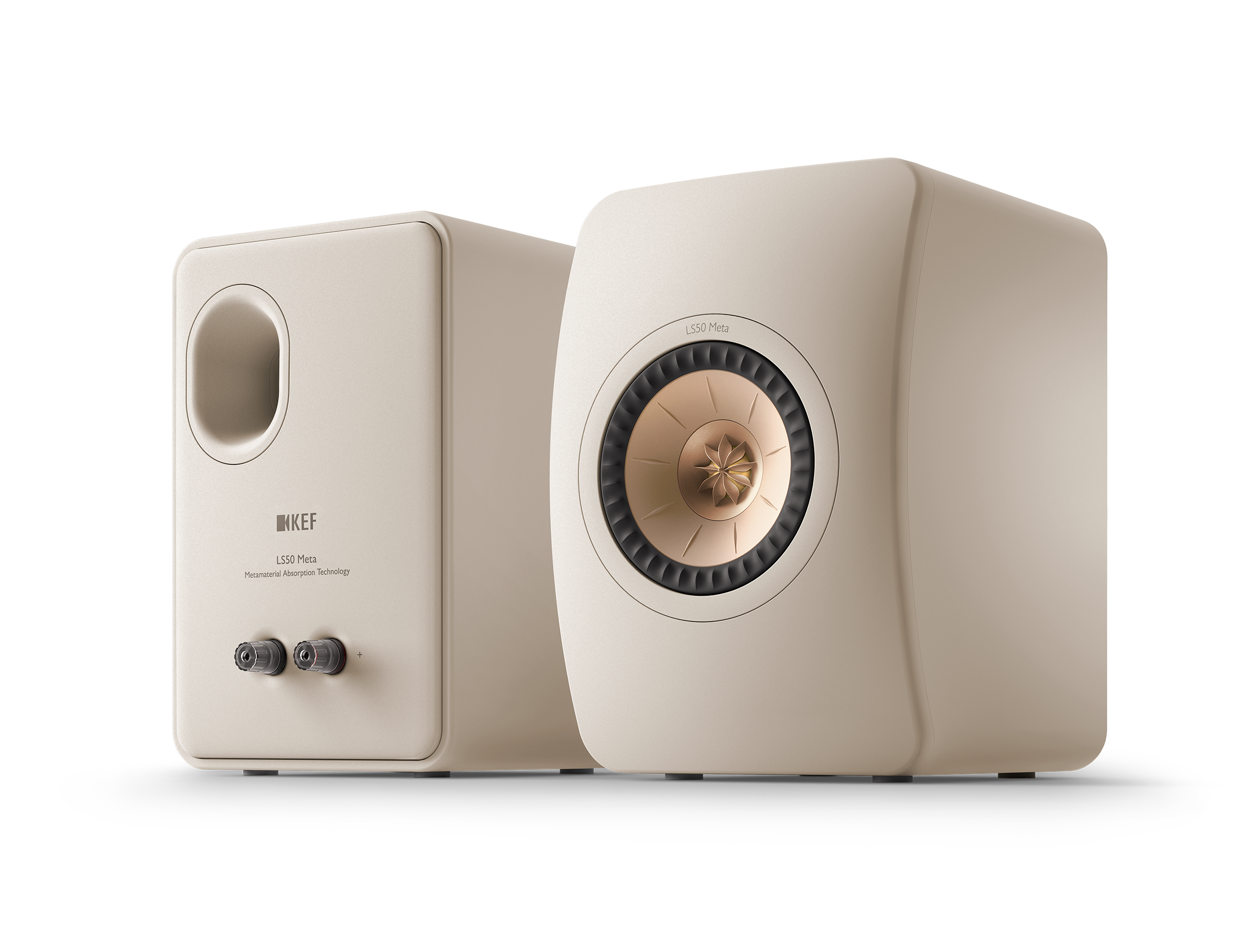 KEF LS50 Meta Passive Speakers in Sand Shell pair, front and back view