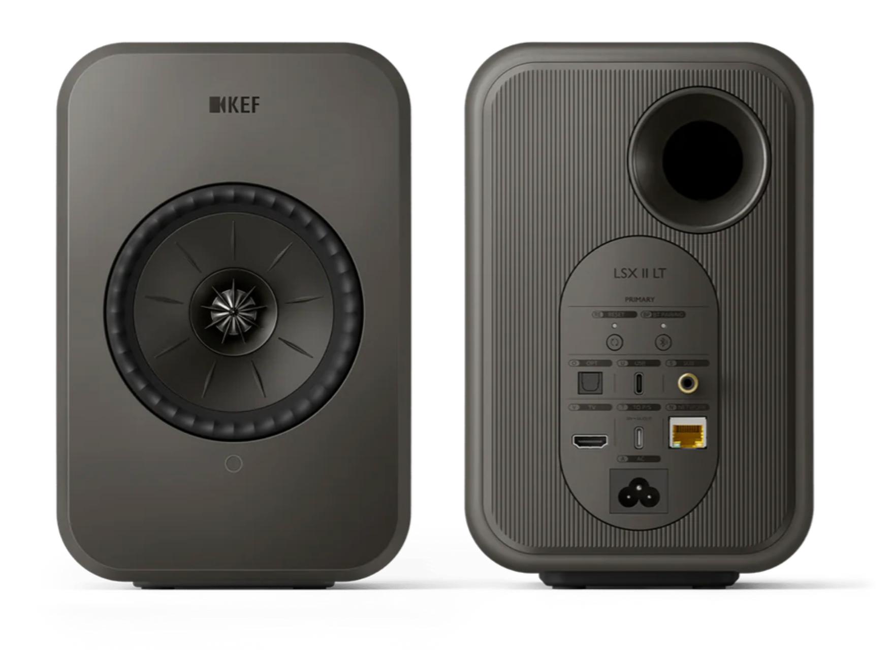 KEF LSX II LT Wireless Bookshelf Speakers  in Graphite Gray. Front and back