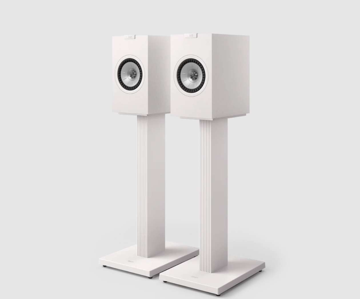 KEF Q1 Meta Compact 2-way Bookshelf Speakers in Satin White, mounted.  Stands sold separately