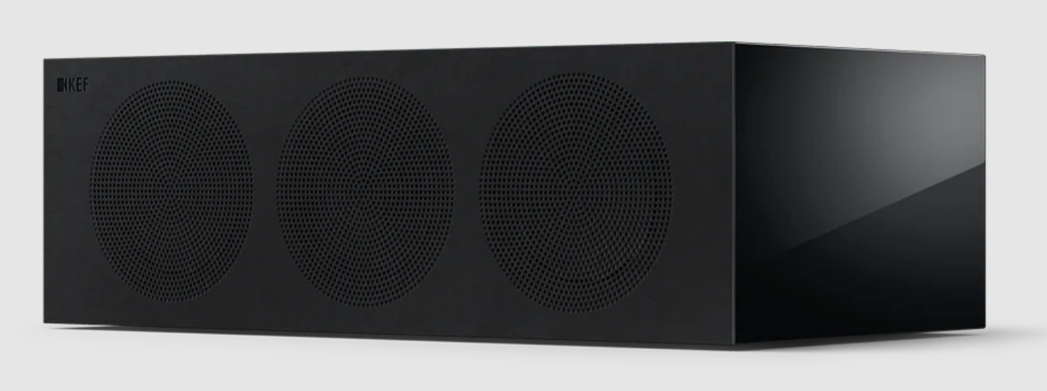 KEF R2 Meta Centre Channel Speaker in Black Gloss, with grille.  Front on an angle