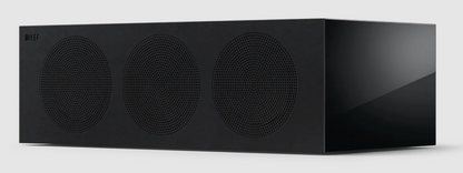 KEF R2 Meta Centre Channel Speaker in Black Gloss, with grille.  Front on an angle