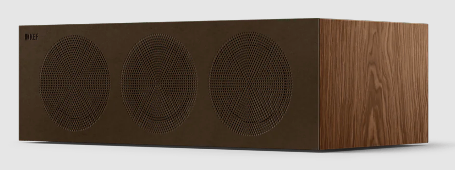 KEF R2 Meta Centre Channel Speaker in Walnut, with grille.  Front on an angle