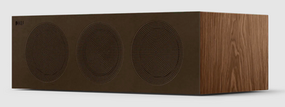 KEF R2 Meta Centre Channel Speaker in Walnut, with grille.  Front on an angle