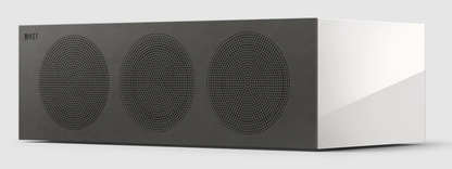 KEF R2 Meta Centre Channel Speaker in White Gloss, with grille.  Front on an angle
