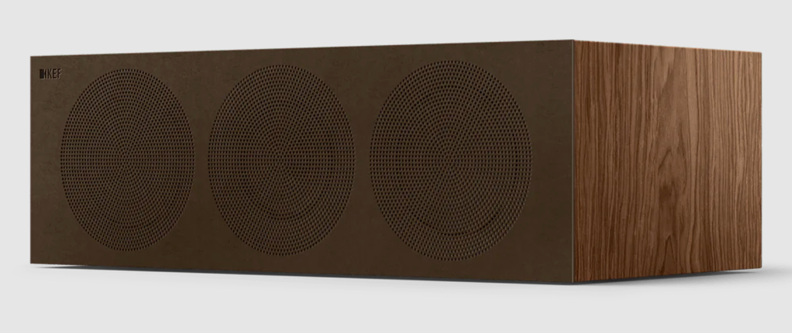 KEF R6 Meta Centre Channel Speaker in Walnut. Front on an angle with grille.
