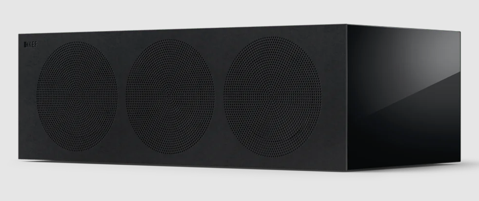 KEF R6 Meta Centre Channel Speaker in Gloss Black. Front on an angle with grille.