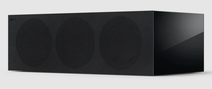 KEF R6 Meta Centre Channel Speaker in Gloss Black. Front on an angle with grille.