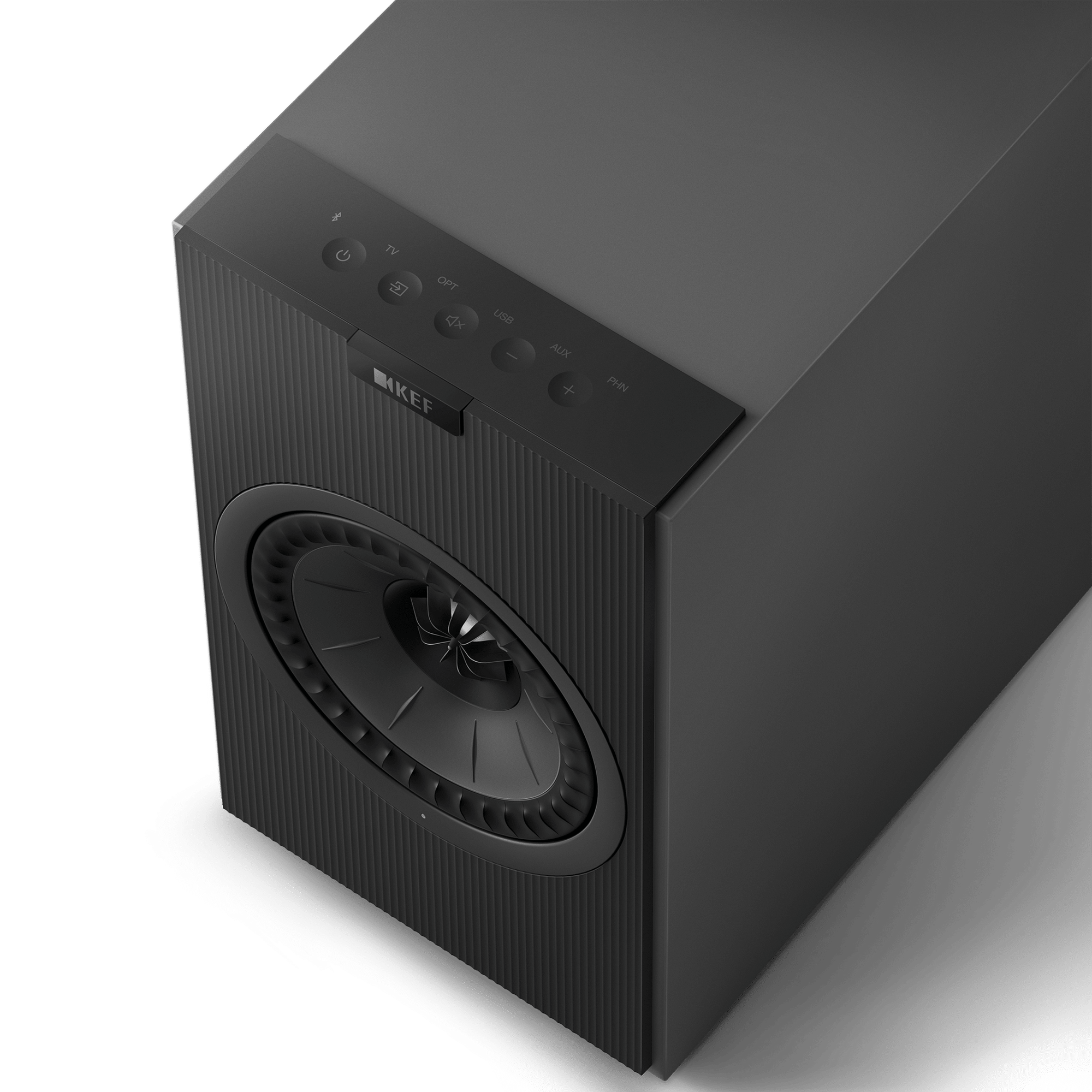 KEF Coda W Active Speakers in Dark Titanium, top with controls shown