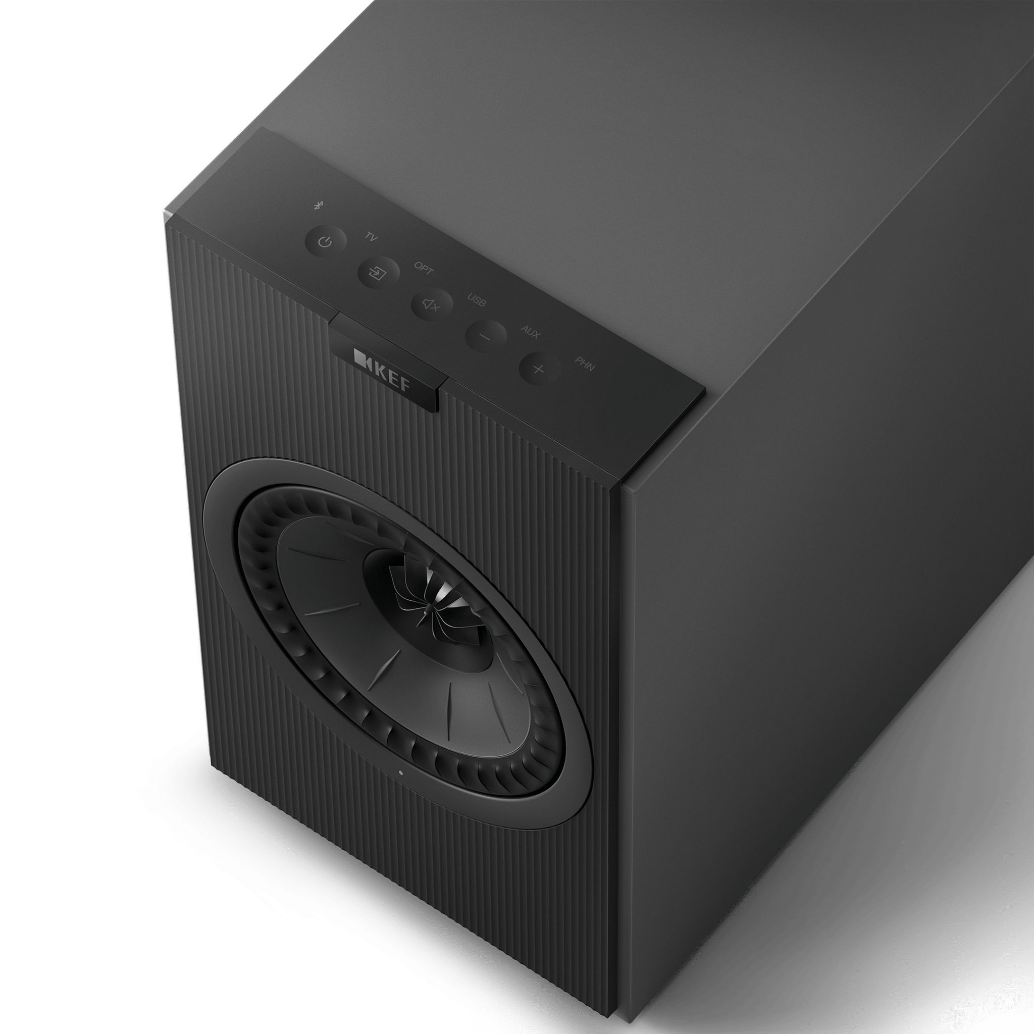KEF Coda W Active Speakers in Dark Titanium, top with controls shown