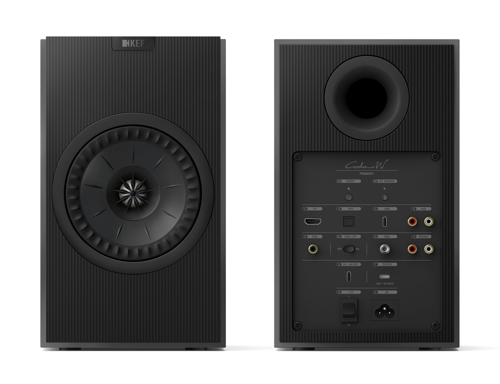 KEF Coda W Active Speakers in Dark Titanium, front and back