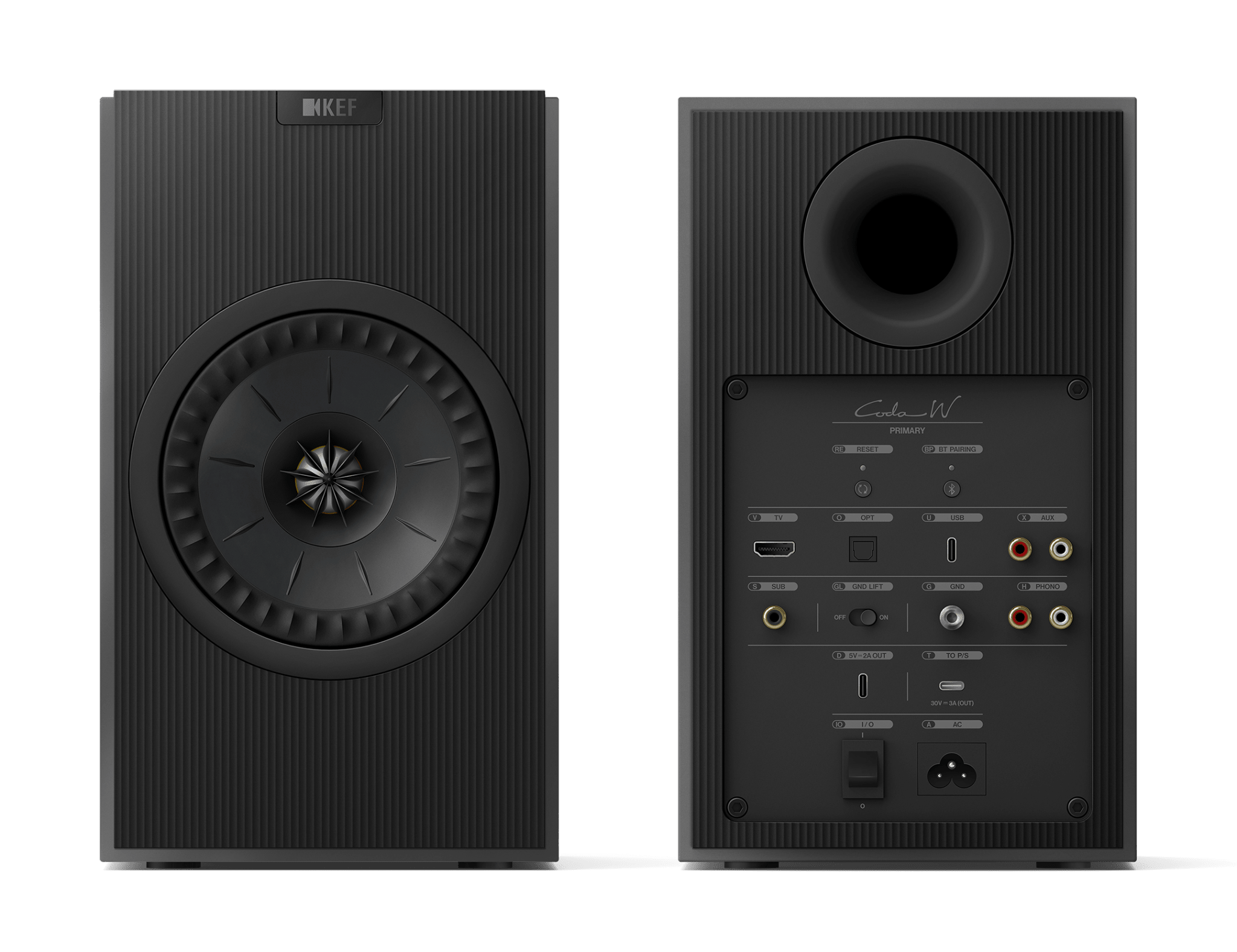 KEF Coda W Active Speakers in Dark Titanium, front and back