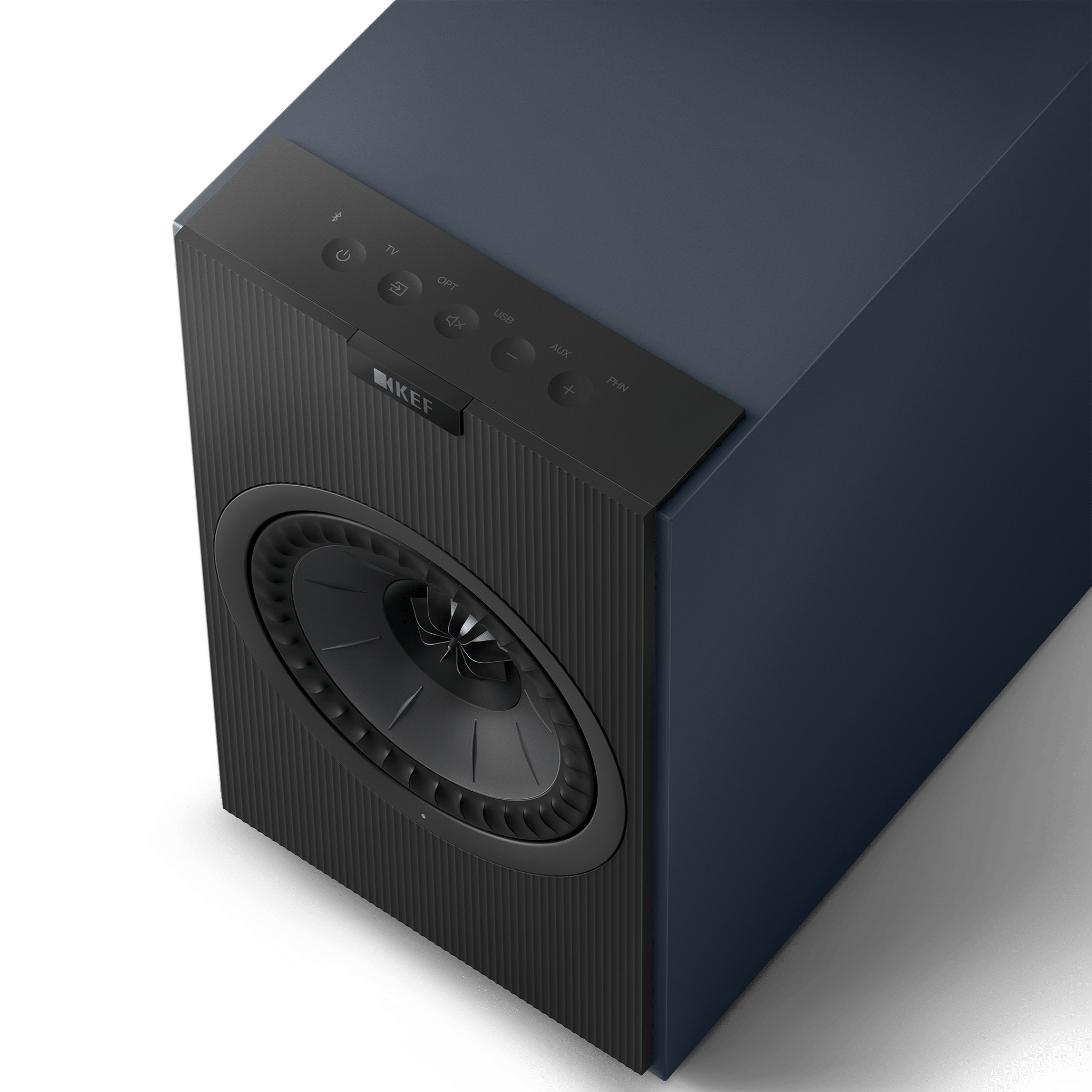 KEF Coda W Active Speakers in Midnight Blue, top and controls shown