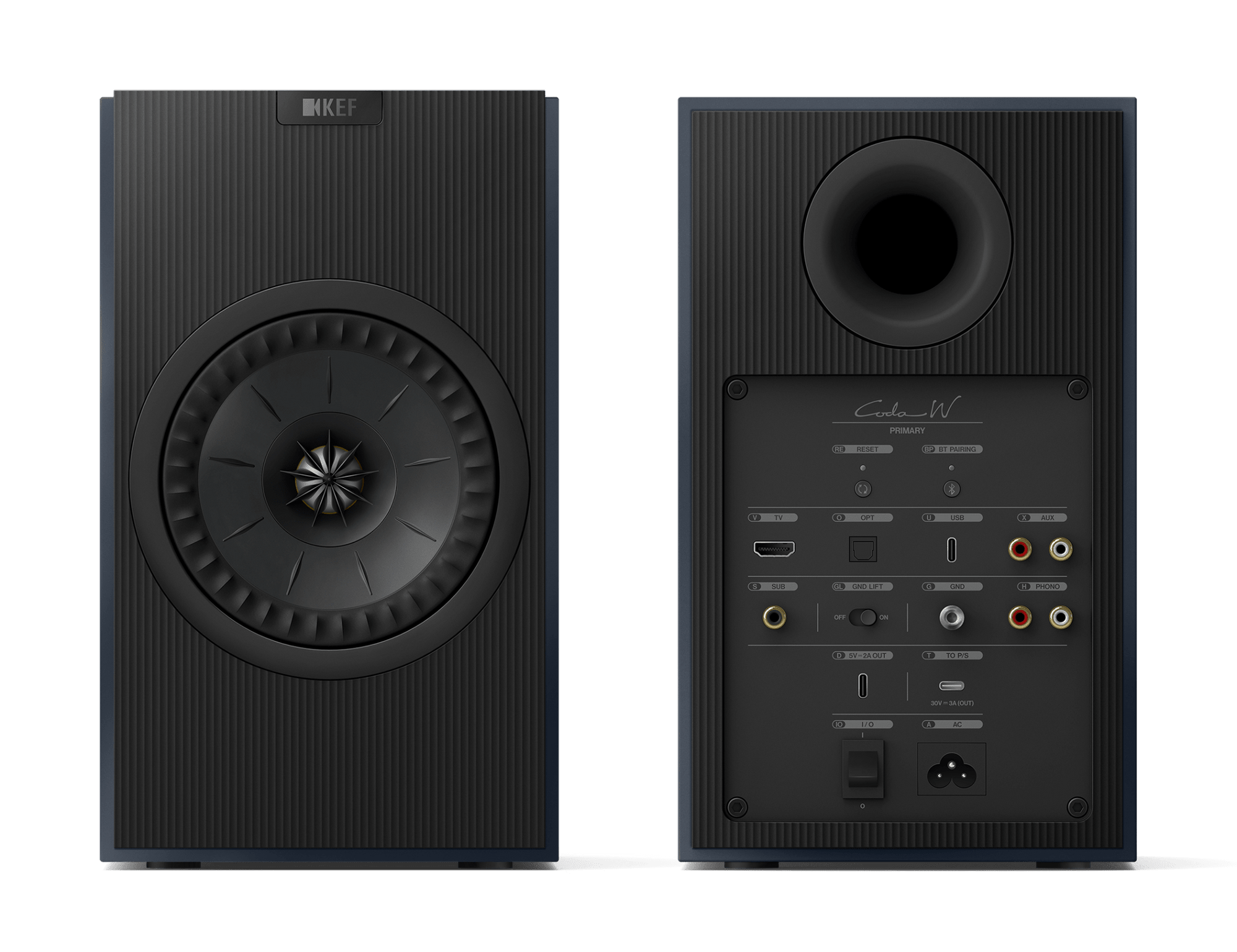 KEF Coda W Active Speakers in Midnight Blue, front and back