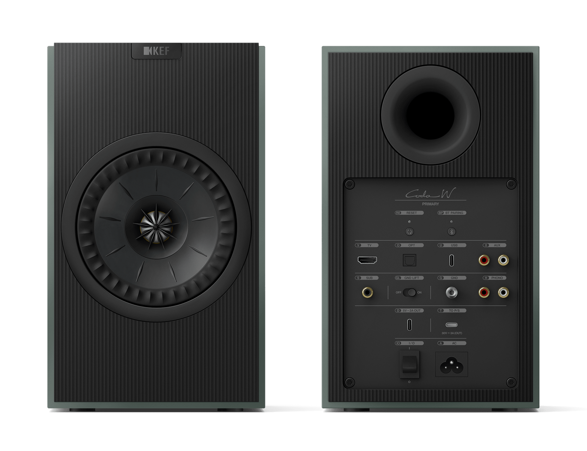 KEF Coda W Active Speakers in Moss Green, front and back of speakers
