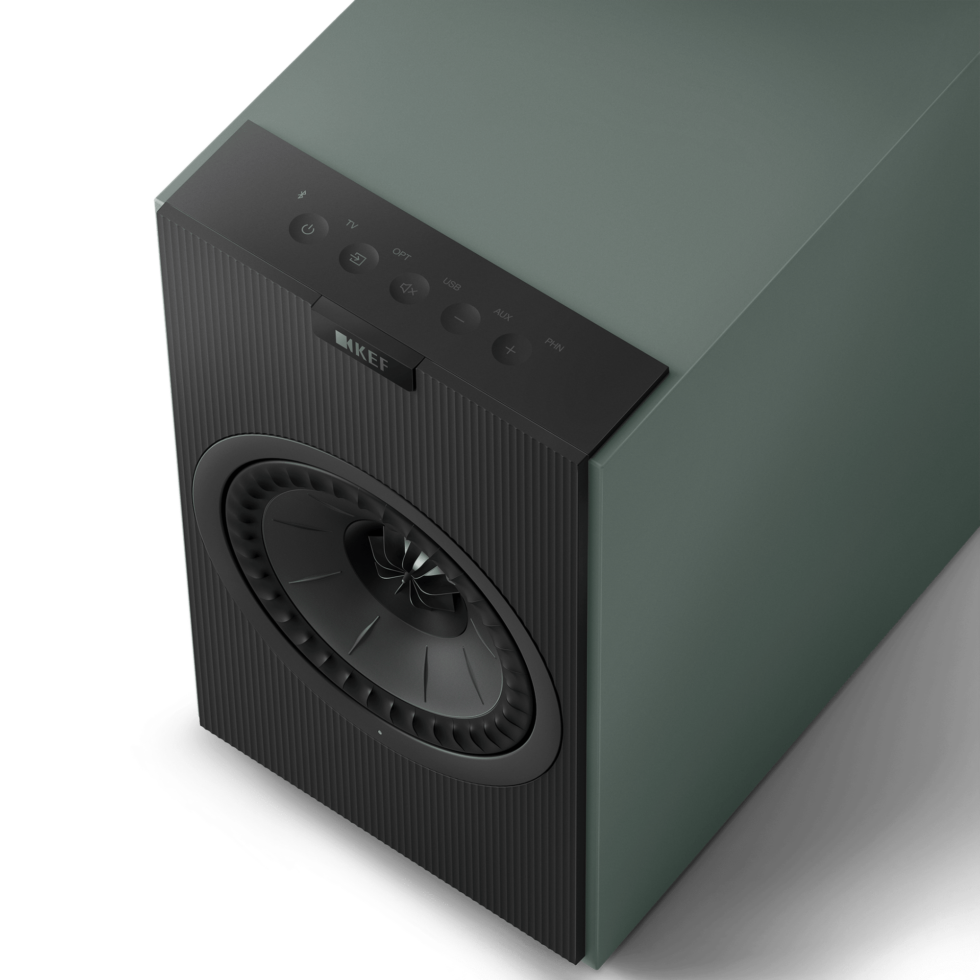 KEF Coda W Active Speakers in Moss Green. Top of speaker showing Controls