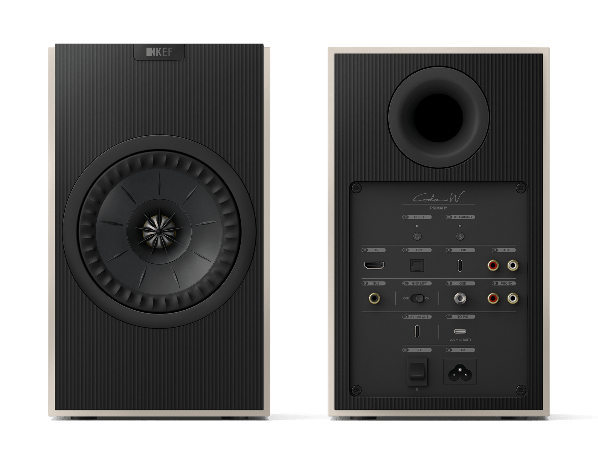 KEF Coda W Active Speakers in Nickel Grey, front and back