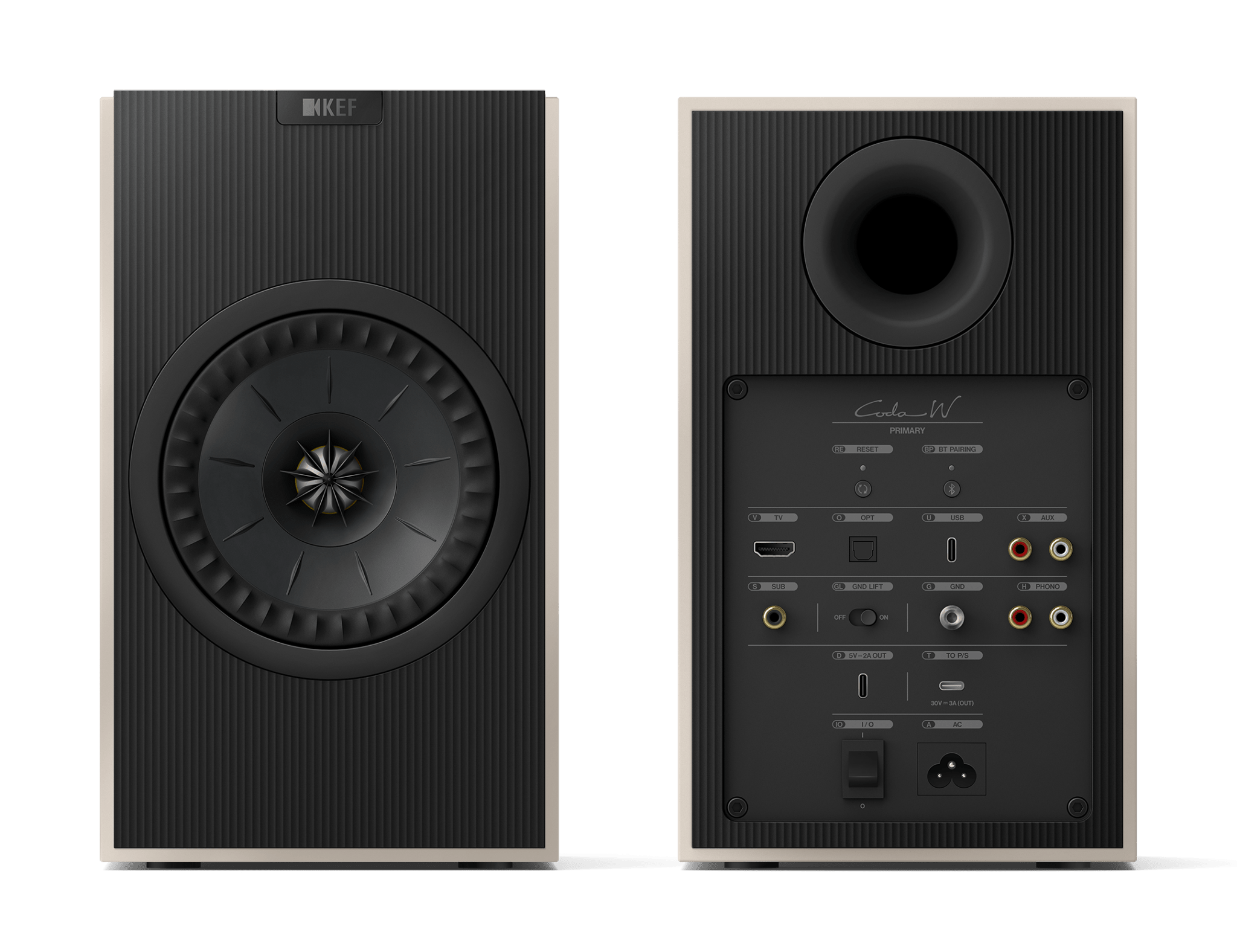 KEF Coda W Active Speakers in Nickel Grey, front and back