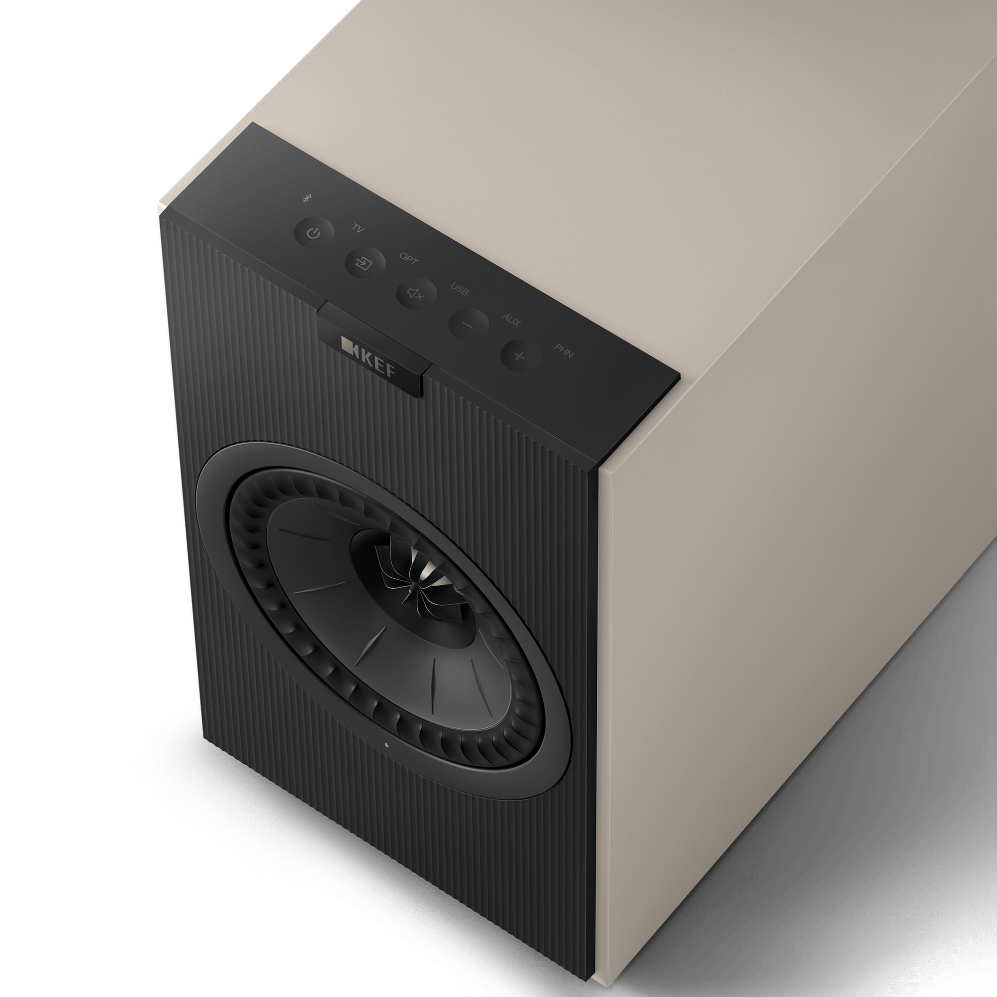KEF Coda W Active Speakers in Nickel Grey.  Top of speaker with controls shown