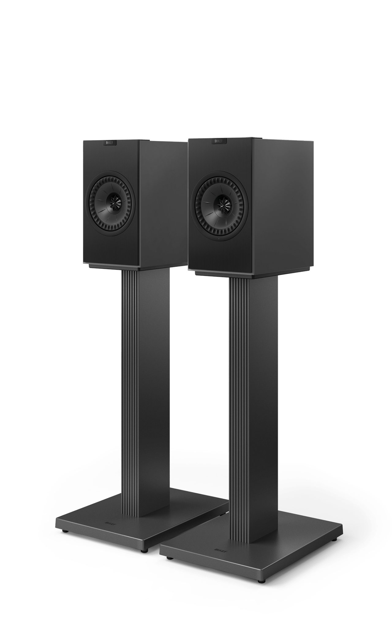 KEF Coda W Active Speakers in Dark Titanium shown on SQ1 stands (sold Seperately)
