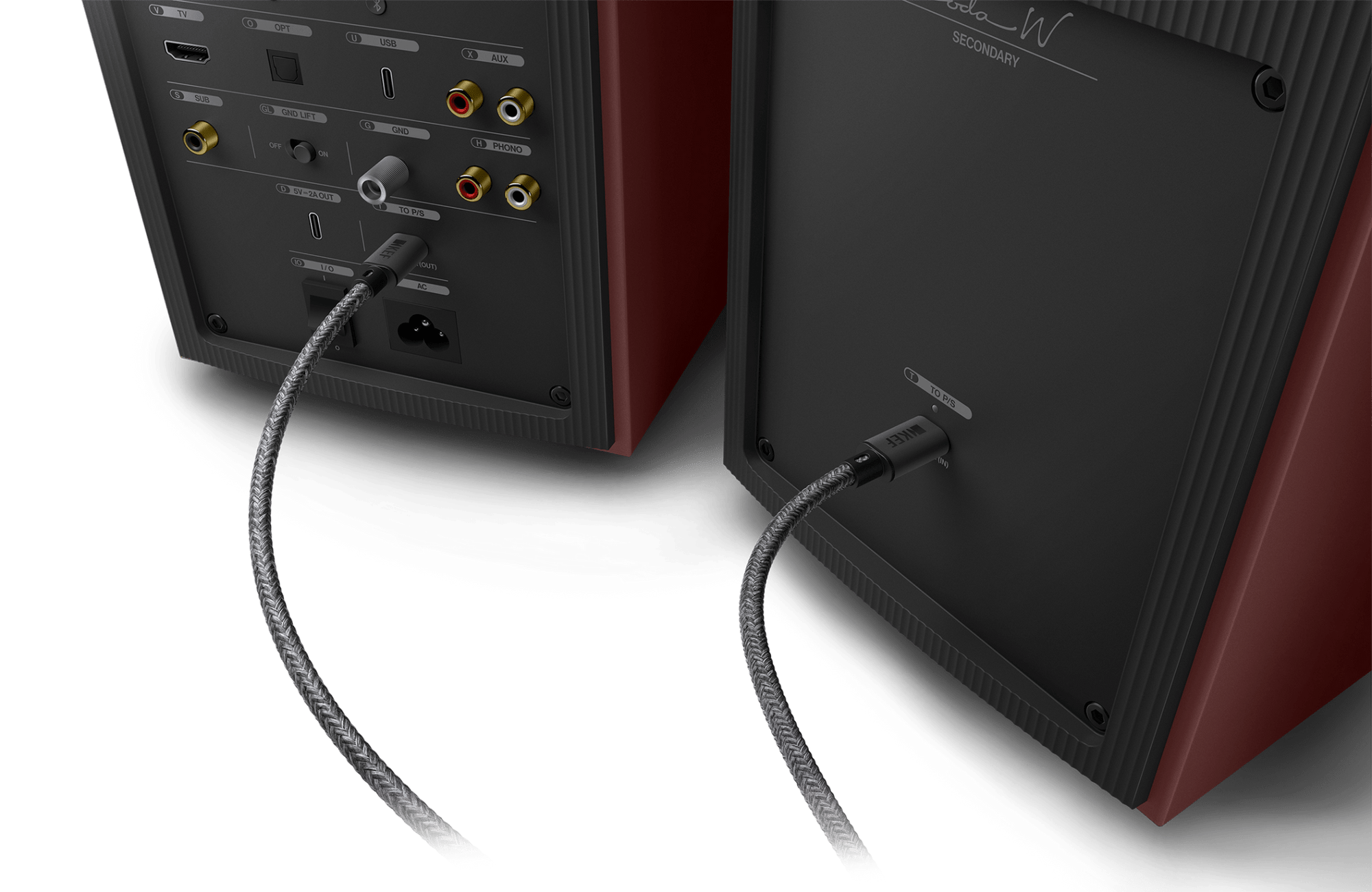 KEF Coda W Active Speakers in Vintage Burgundy, plugged in - C-Link