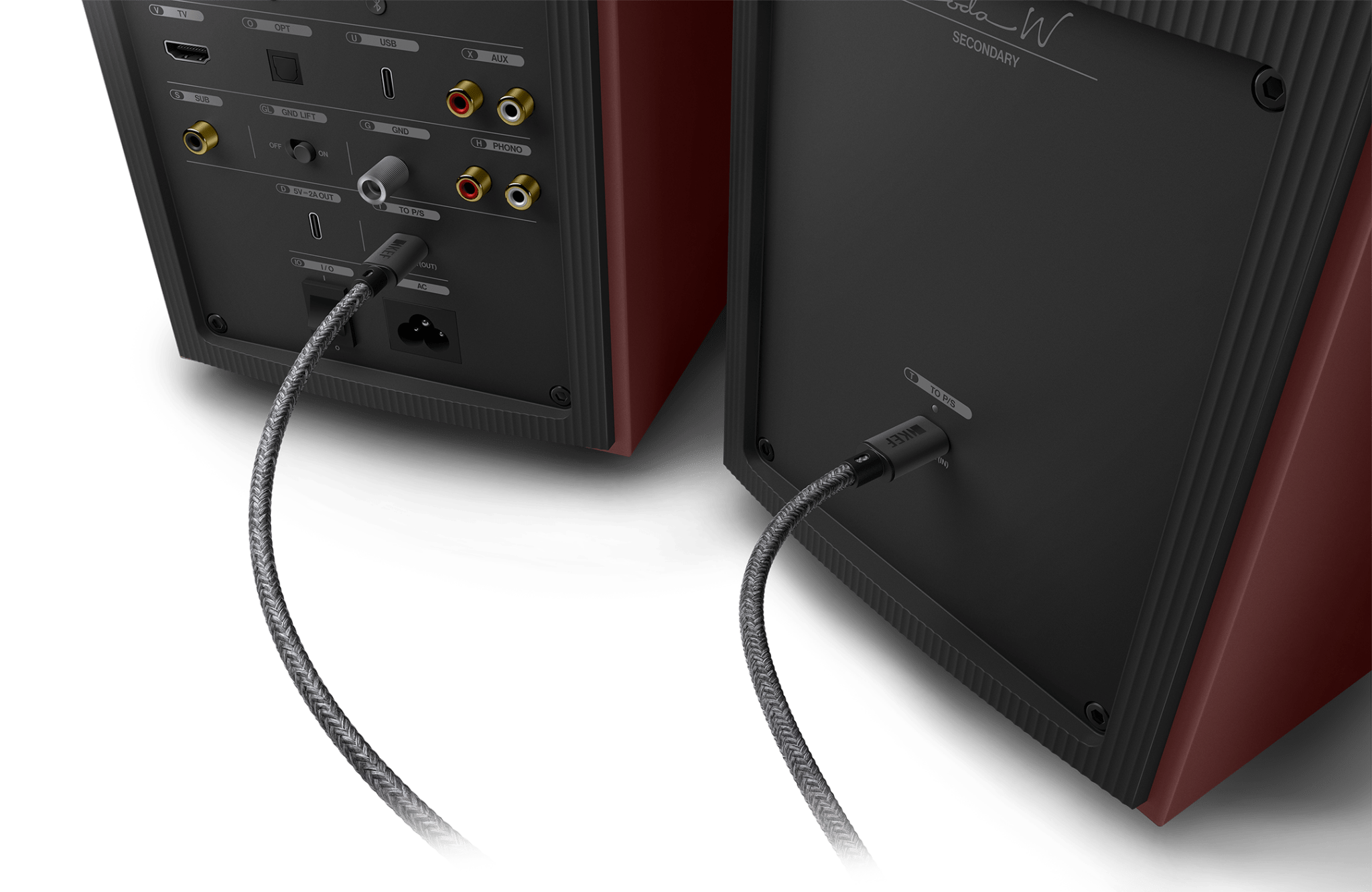 KEF Coda W Active Speakers in Vintage Burgundy, plugged in - C-Link