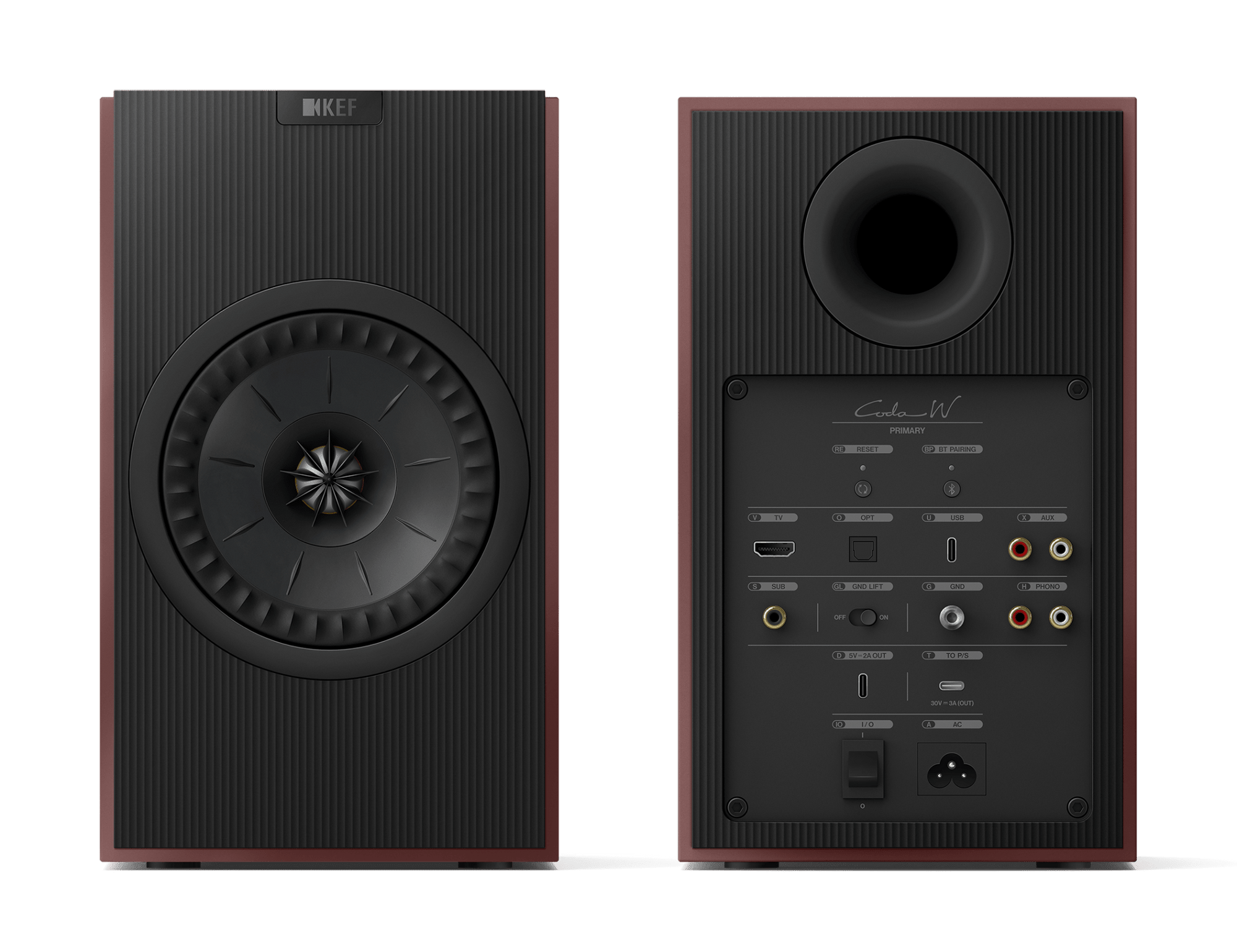 KEF Coda W Active Speakers in Vintage Burgundy. Front and back of speakers