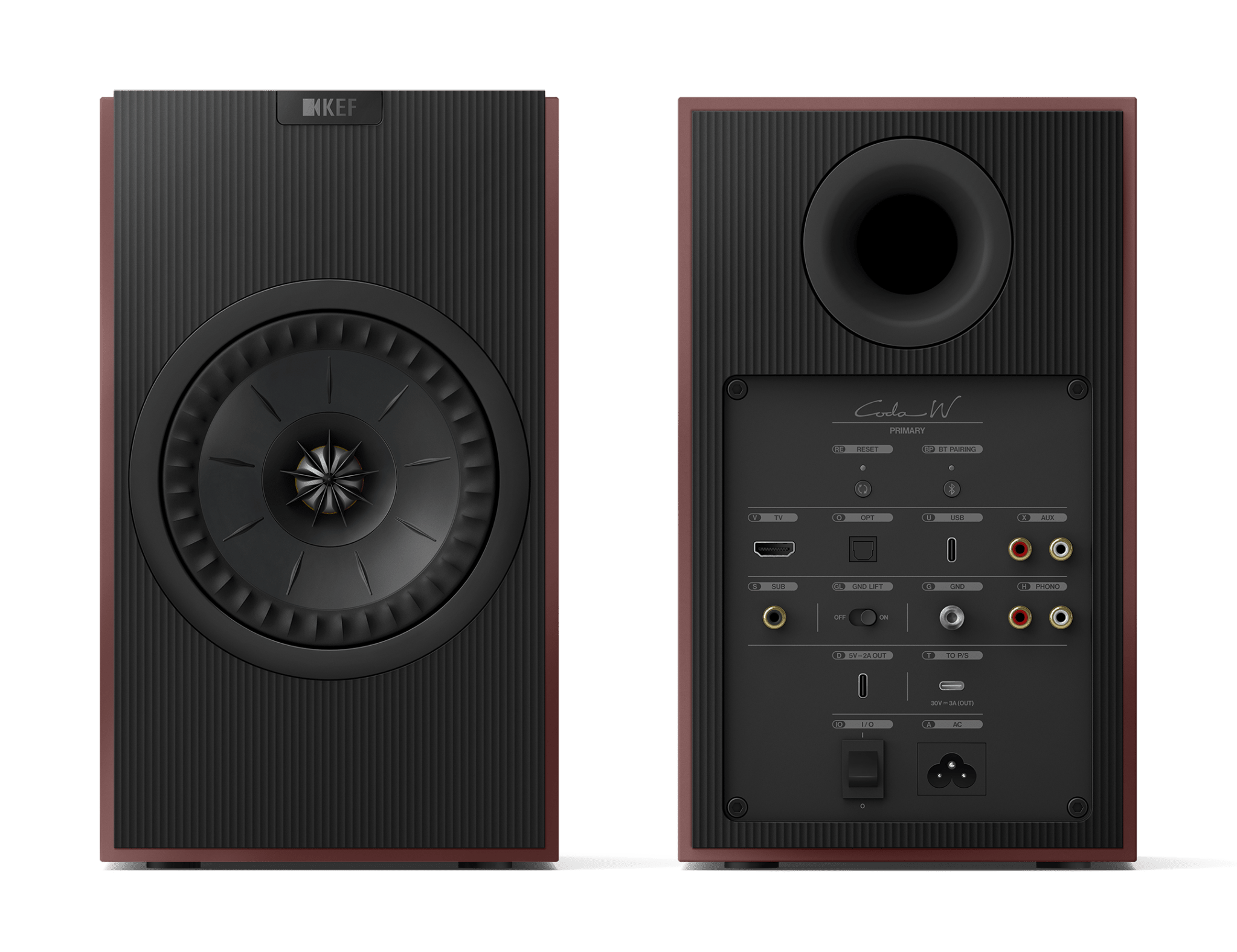 KEF Coda W Active Speakers in Vintage Burgundy. Front and back of speakers