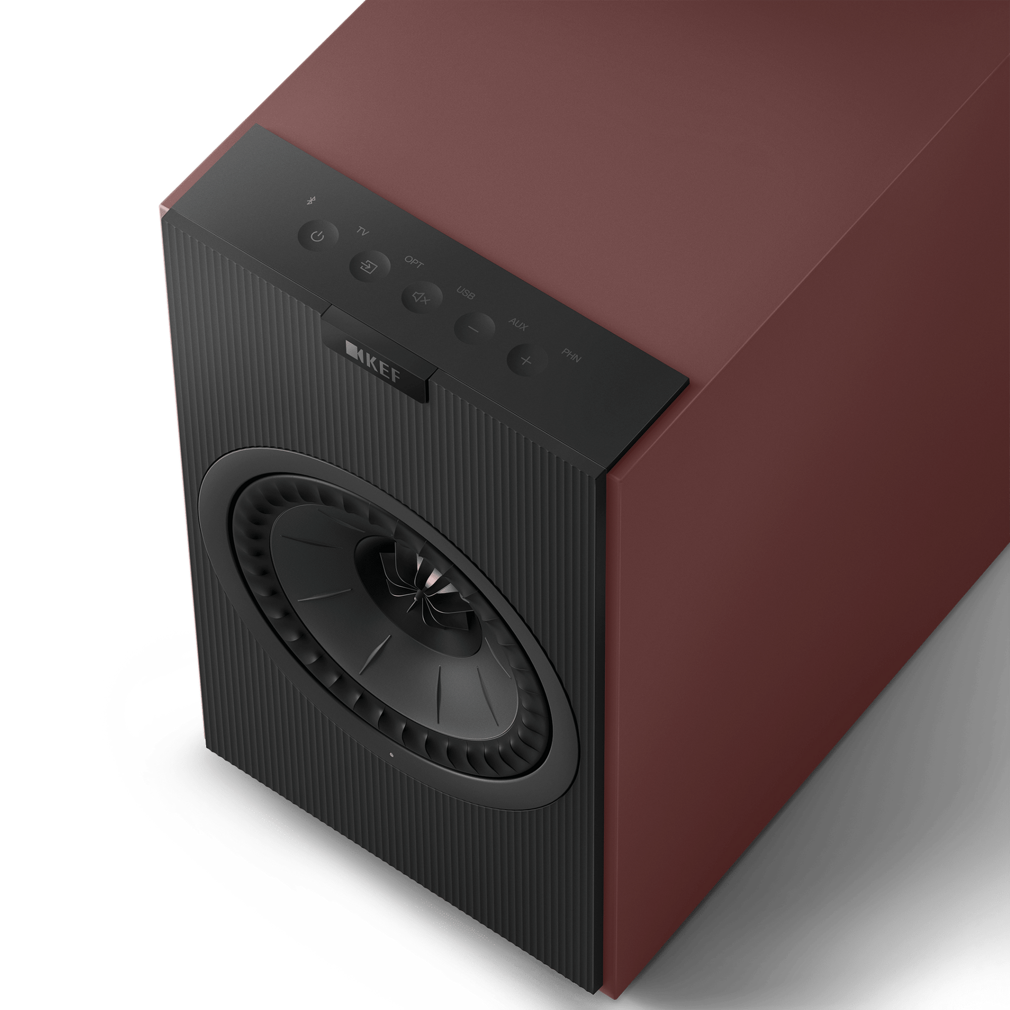 KEF Coda W Active Speakers in Vintage Burgundy, top of speaker with controls shown