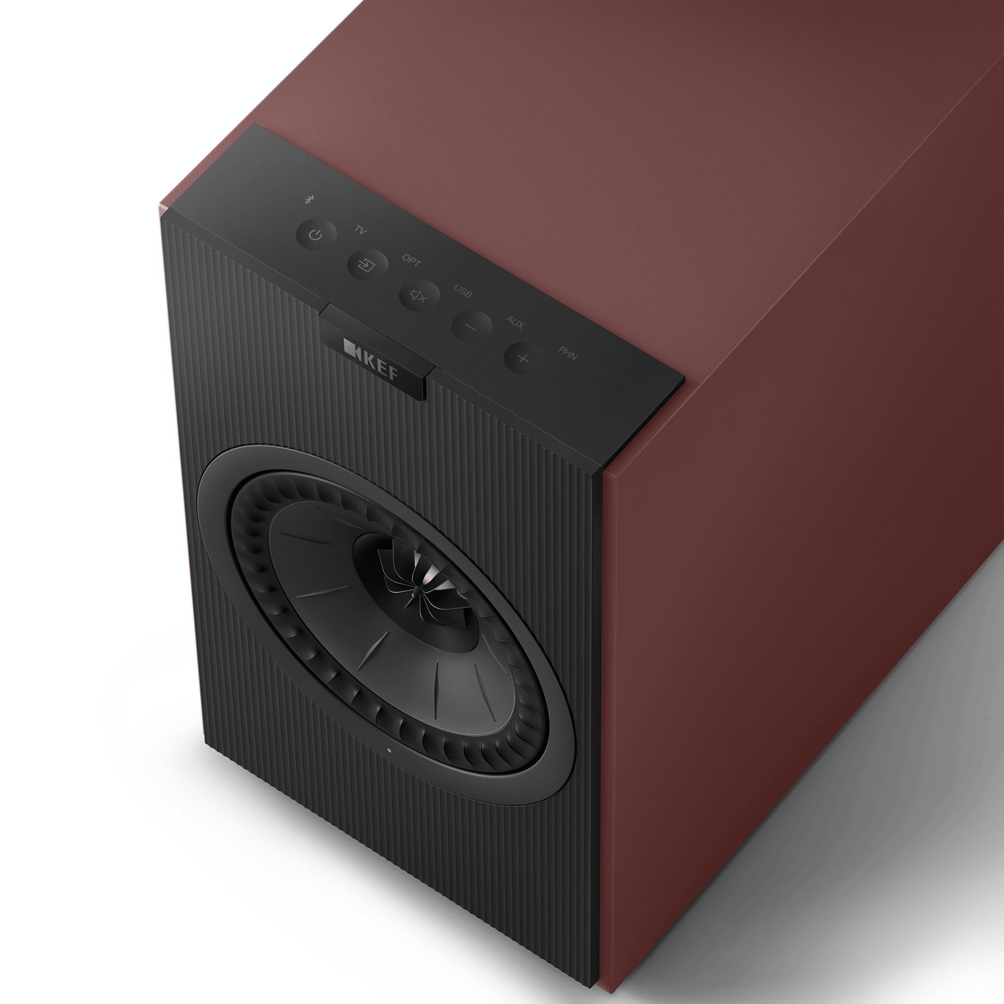 KEF Coda W Active Speakers in Vintage Burgundy, top of speaker with controls shown
