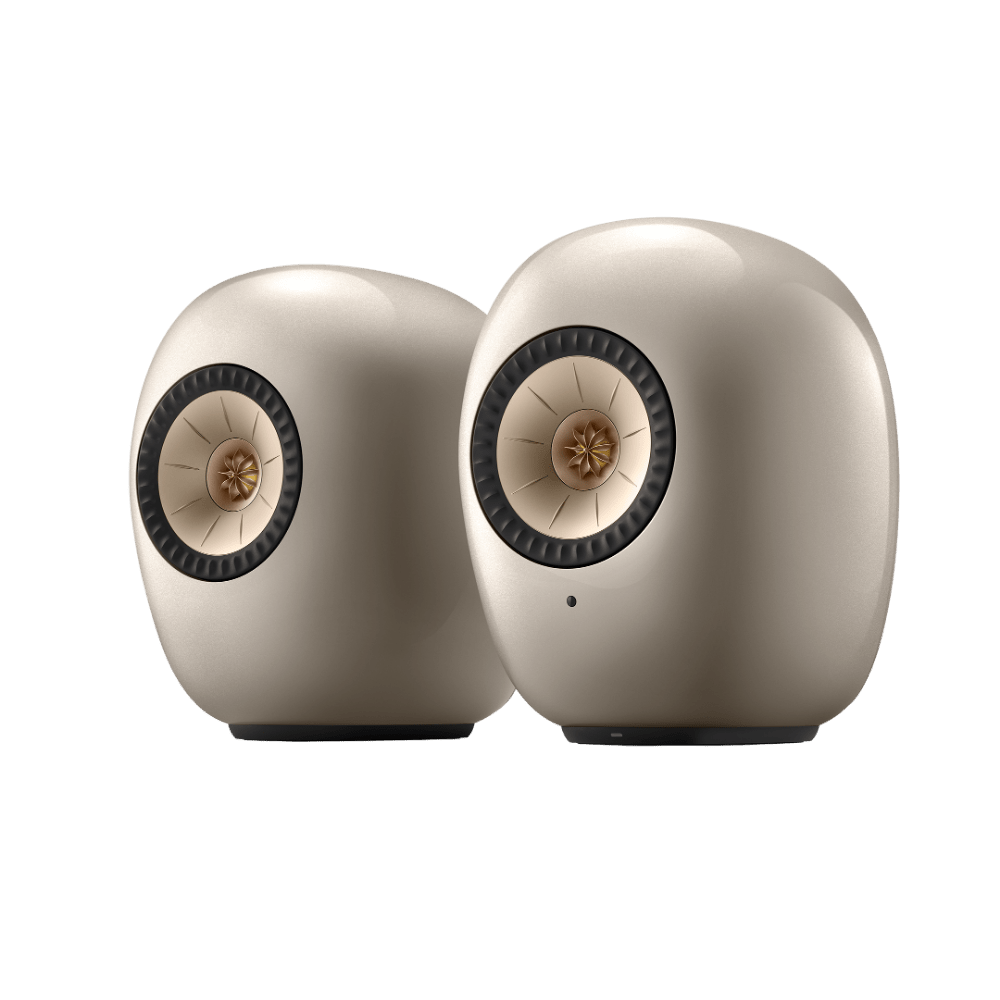 KEF LS Luxe Active Wireless Bookshelf Speaker pair in Dusk Titanium, angled