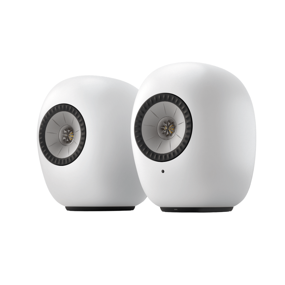KEF LS Luxe Active Wireless Bookshelf Speaker pair in Mineral White, pair, angled view 