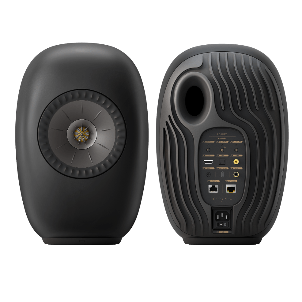 KEF LS Luxe Active Wireless Bookshelf Speaker pair in Eclipse Black, pair, front and back 