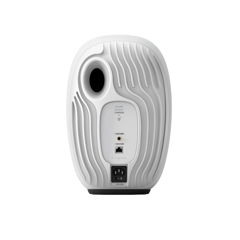 KEF LS Luxe Active Wireless Bookshelf Speaker in Mineral White, rear of speaker