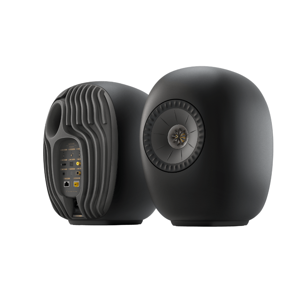 KEF LS Luxe Active Wireless Bookshelf Speaker pair in Eclipse Black, pair, angled view back and front